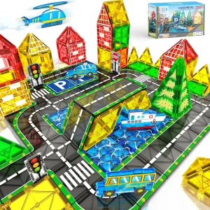 Car Magnet Building Tile Toys for Kids Ages 3-5 4-8 5-7 Magnetic Blocks Expansion Pack STEM Construction Toys for 3 Year succession retract Old Boy Girl Toddler Christmas Birthday Gift 42pcs Magnetic Tiles Road Set with 