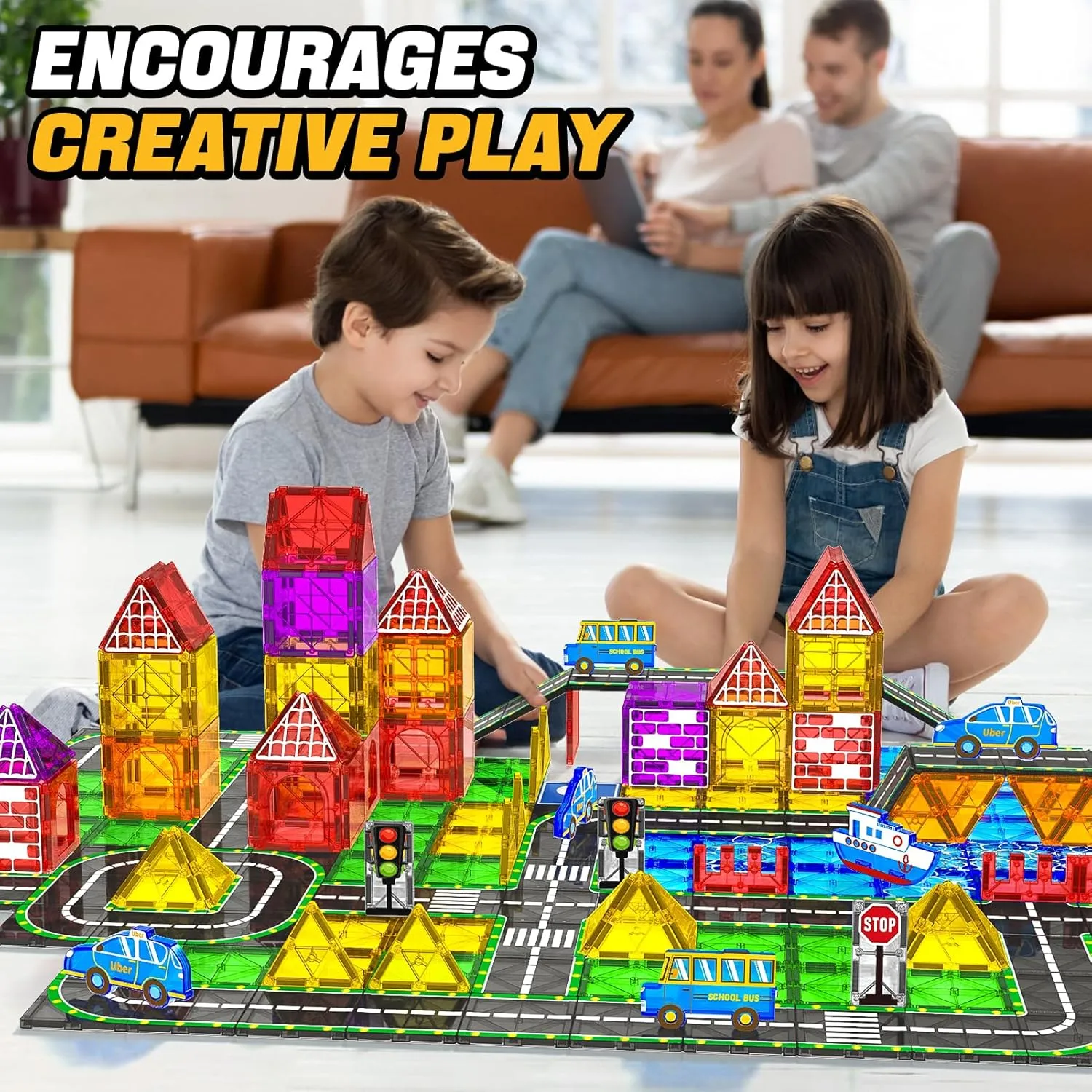 Car Magnet Building Tile Toys for Kids Ages 3-5 4-8 5-7 Magnetic Blocks Expansion Pack STEM Construction Toys for 3 Year succession retract Old Boy Girl Toddler Christmas Birthday Gift 42pcs Magnetic Tiles Road Set with 
