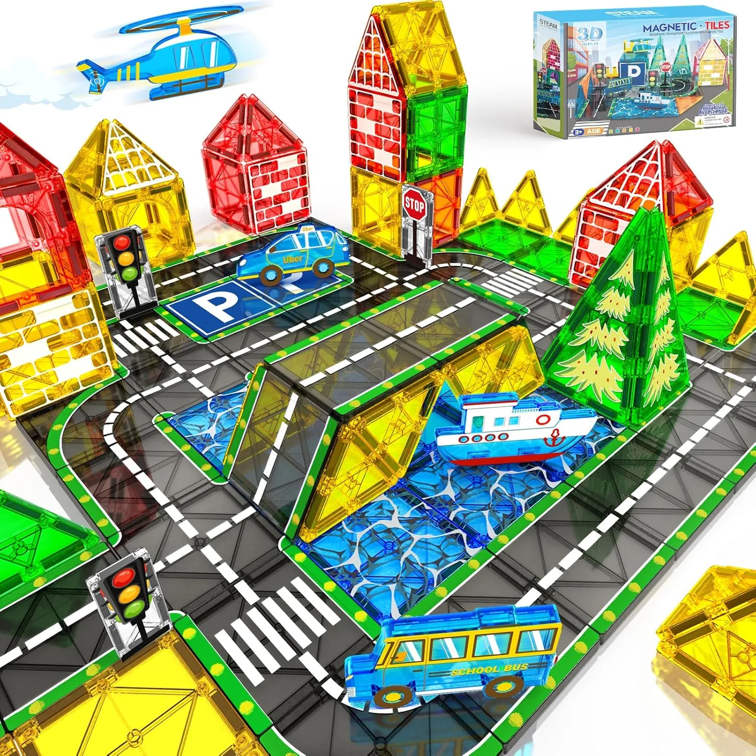 Car Magnet Building Tile Toys for Kids Ages 3-5 4-8 5-7 Magnetic Blocks Expansion Pack STEM Construction Toys for 3 Year succession retract Old Boy Girl Toddler Christmas Birthday Gift 42pcs Magnetic Tiles Road Set with 