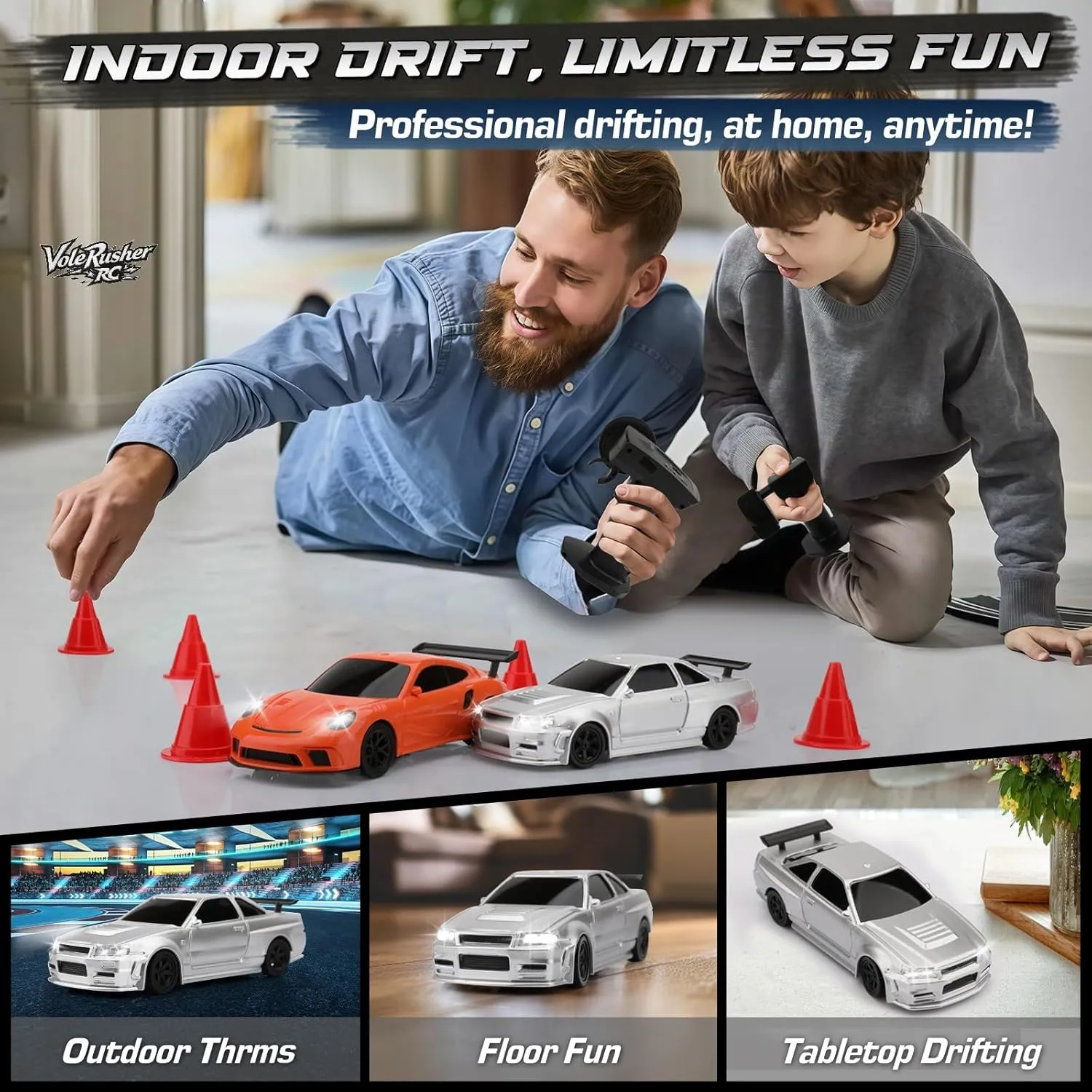 Car - Micro Small with Full Proportional RTR 2.4GHz Remote, 2 Tire Sets, 8 Cones, High Speed Desk Rc explode seedy oppositely Drift Car with LED Lights - Silver 1/43 Scale Mini RC Drift 