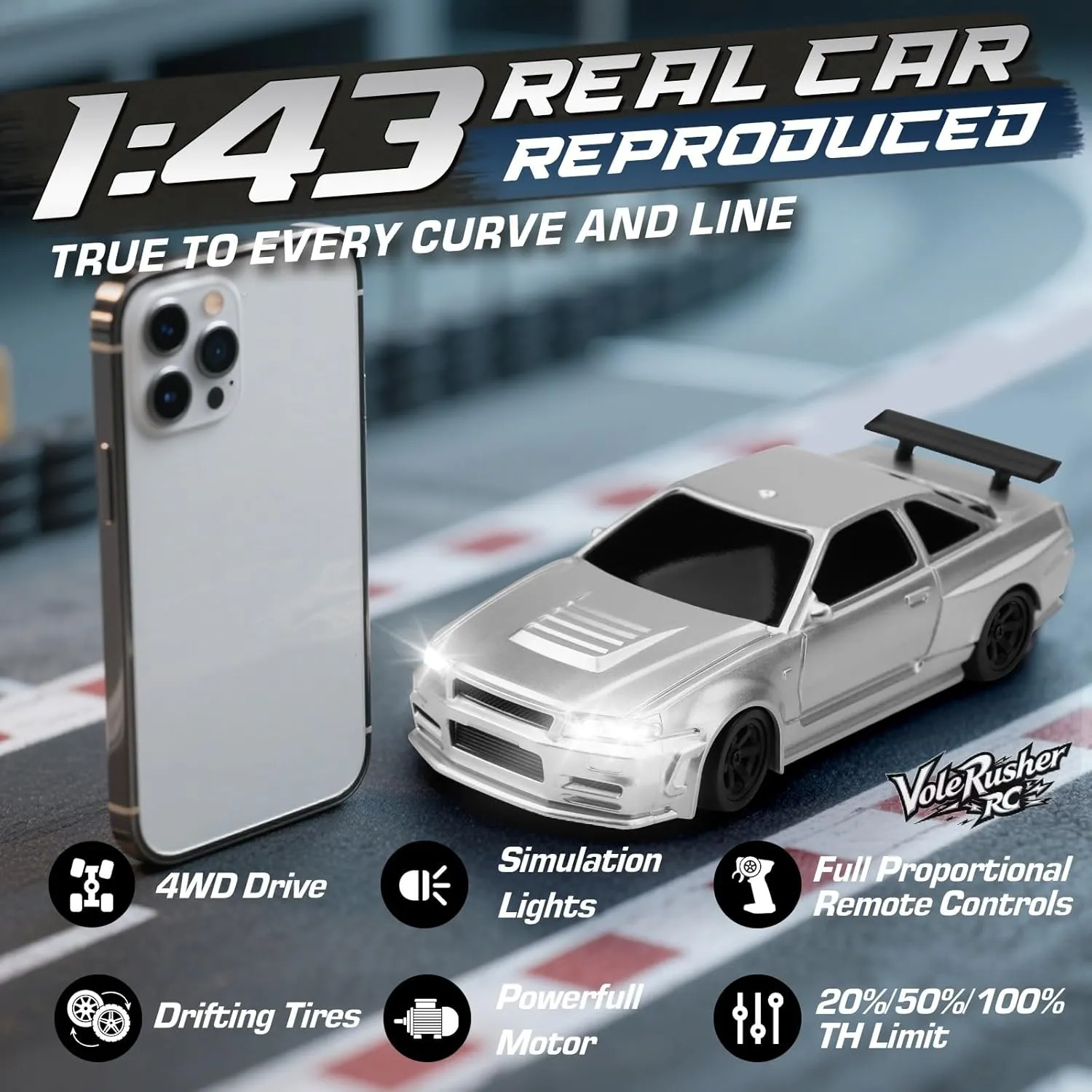 Car - Micro Small with Full Proportional RTR 2.4GHz Remote, 2 Tire Sets, 8 Cones, High Speed Desk Rc explode seedy oppositely Drift Car with LED Lights - Silver 1/43 Scale Mini RC Drift 