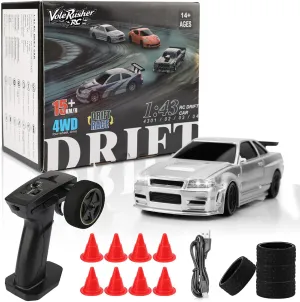 Car - Micro Small with Full Proportional RTR 2.4GHz Remote, 2 Tire Sets, 8 Cones, High Speed Desk Rc explode seedy oppositely Drift Car with LED Lights - Silver 1/43 Scale Mini RC Drift 