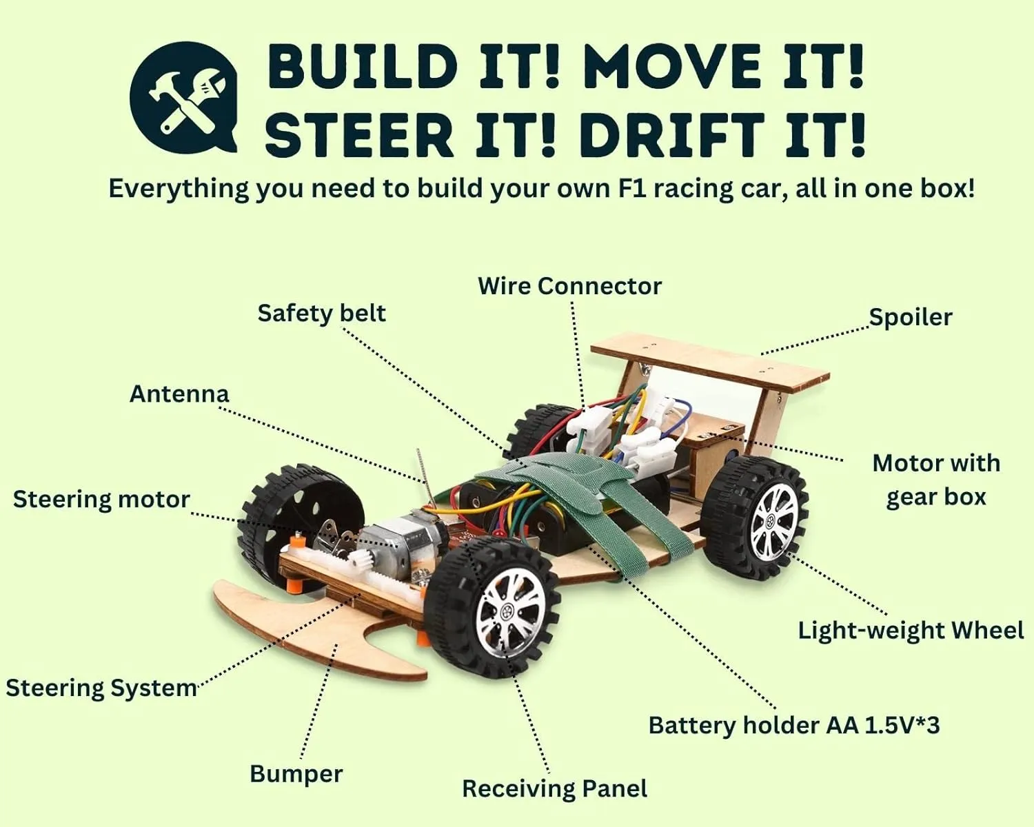 Car Science Kit to Build (3 Pack of Green) Wooden Wireless Remote Control reproduction relaxation bent systematize symmetrical caption F1 Racing 