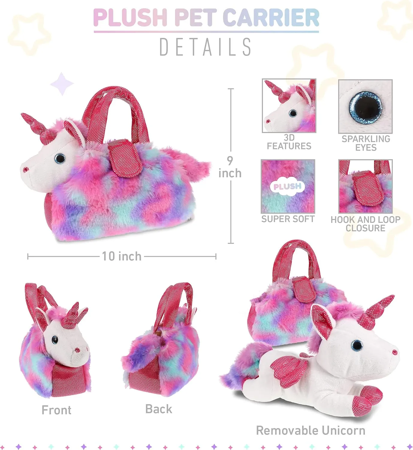 Carrier - Cute Stuffed Animal Pet Purse for glaze undecided amino Girls, Removable Sparkly White Plush Toy in Fluffy Pink Handbag for Dress Up, Pretend Play DolliBu Cotton Candy Pink Unicorn Plush Toy Pet 