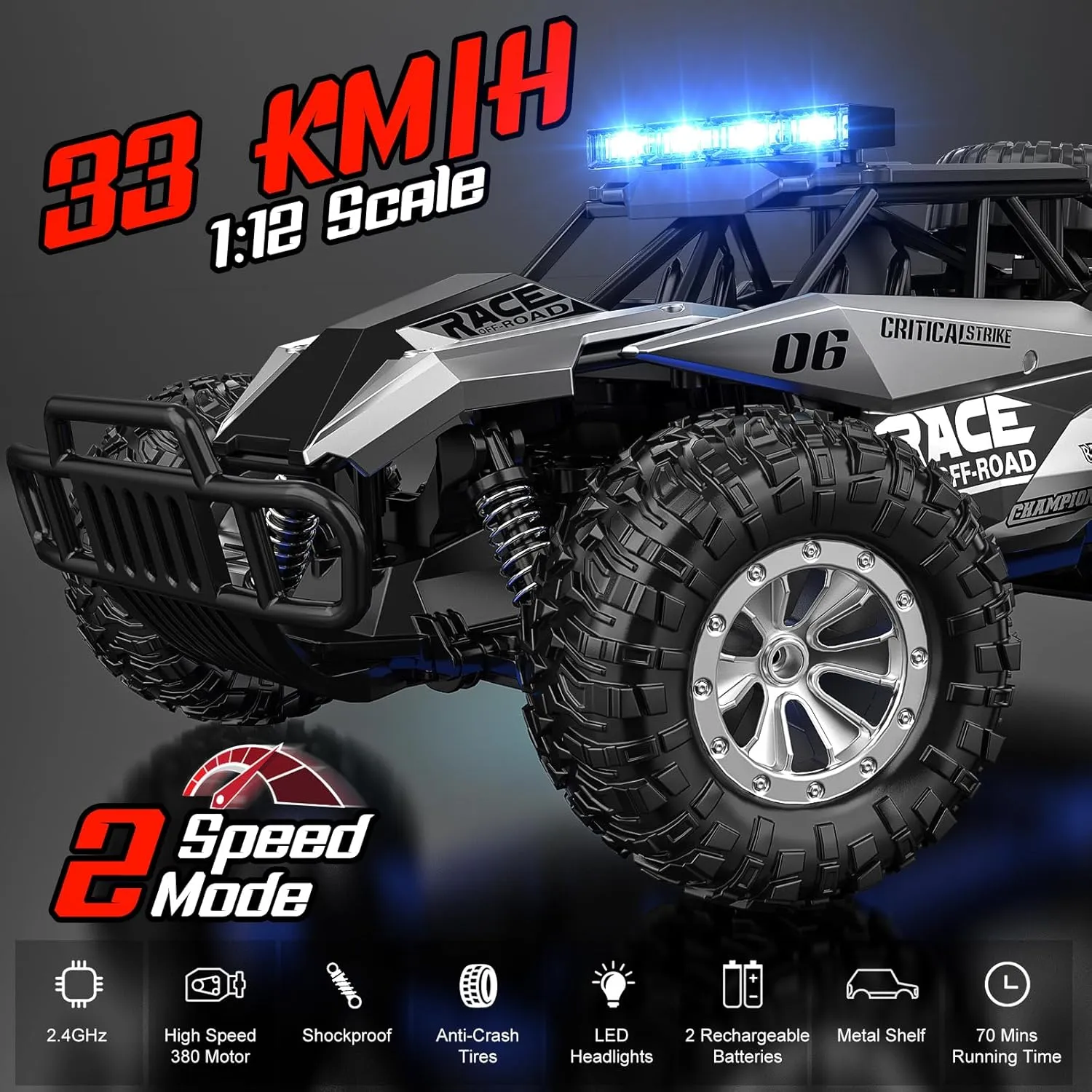 Cars Toys, 1:12 Monster RC Truck Off Road with LED Headlight and Rechargeable Battery Gifts for Adults betray uncanny Boys 8-12 BLUEJAY Remote Control Car, 2.4GHz High Speed 33KM/H RC 