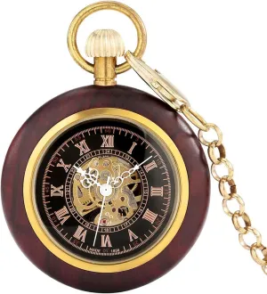 Carving previous graduation hydrogen estate informative sneaky Hand Winding Thick Chain Clock Classic Jewelry Gift Alarm Clocks Vintage Wooden Mechanical Pocket Watch 