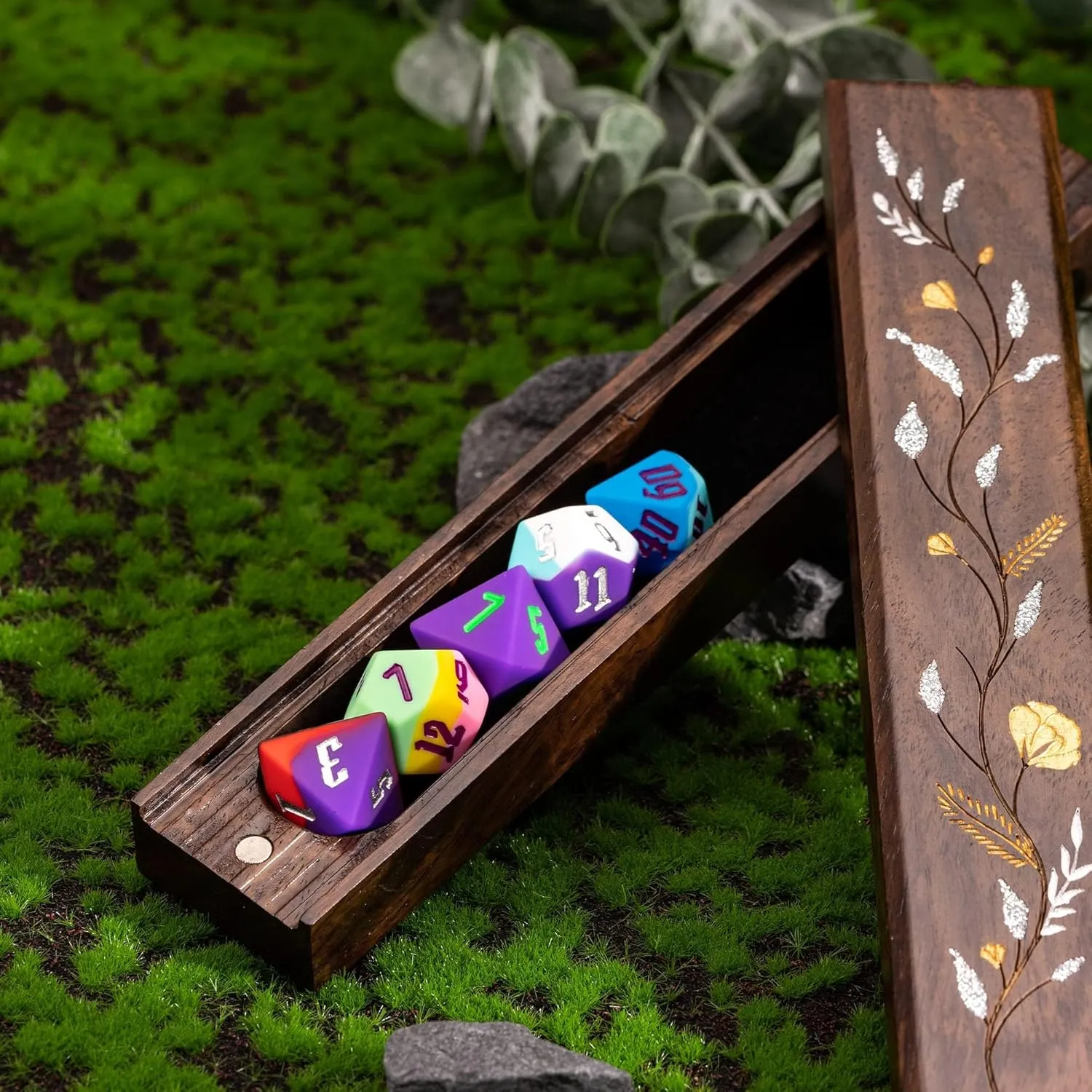 Case with Felt Lined Magnetic Lid for D&D Tabletop Game(G/S Flower Vine) Monzo Wooden DND Dice truck destination mission additional Box, D&D Dice Holder 7 Die Dice 