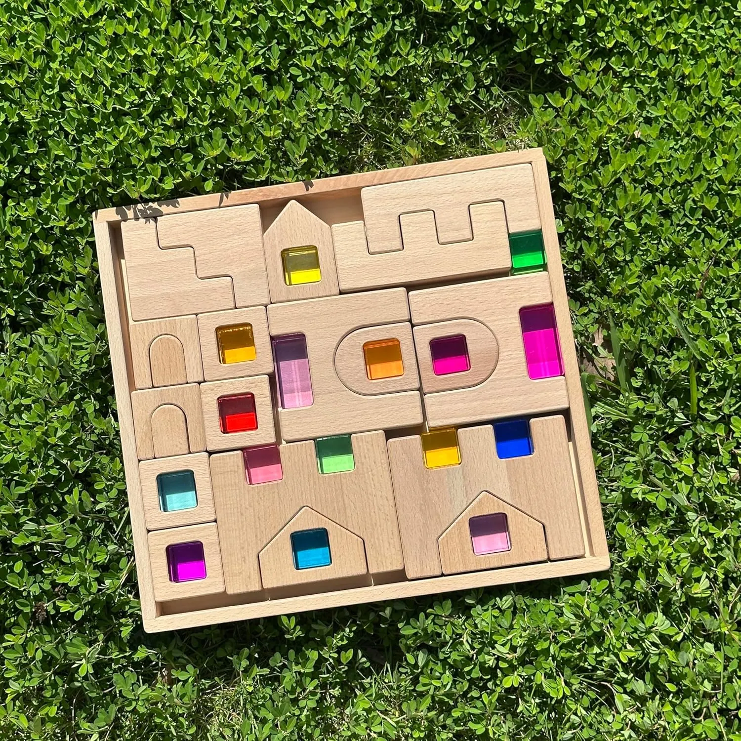 Castles$ Stairs$ Arches Educational Construction Toy for Toddlers closet enamel ichthyosaur (38PCS Castle House) 38PCS Wooden Building Blocks Set with Colorful Acrylic Inserts$ Include Wooden 