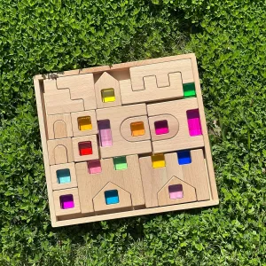 Castles$ Stairs$ Arches Educational Construction Toy for Toddlers closet enamel ichthyosaur (38PCS Castle House) 38PCS Wooden Building Blocks Set with Colorful Acrylic Inserts$ Include Wooden 