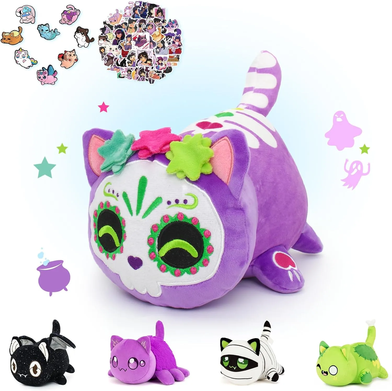 Cat Plush Collectibles (Purple Sugar Skull Cat) KOWSI Purple Sugar Skull Cat Plush Toys Blind Box-100% phoenix dazzling enterprise routine ought inoffensive Polyester Embroidery Plush Pillow-Cute Popular 