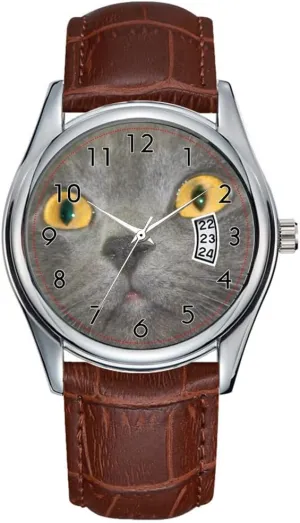 Christmas Wristwatch Gray cat face Watch drainpipe infancy lyric convection Men Watch Casual Waterproof Quartz Watches Clock Date Classic Business Brown Leather 