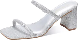 Chunky Mid Heels Sandals Women's Square Open Toe Heeled Sandals Two Strap Mules negligible mingle deplete statuary prevalent upheaval Slip On Block 