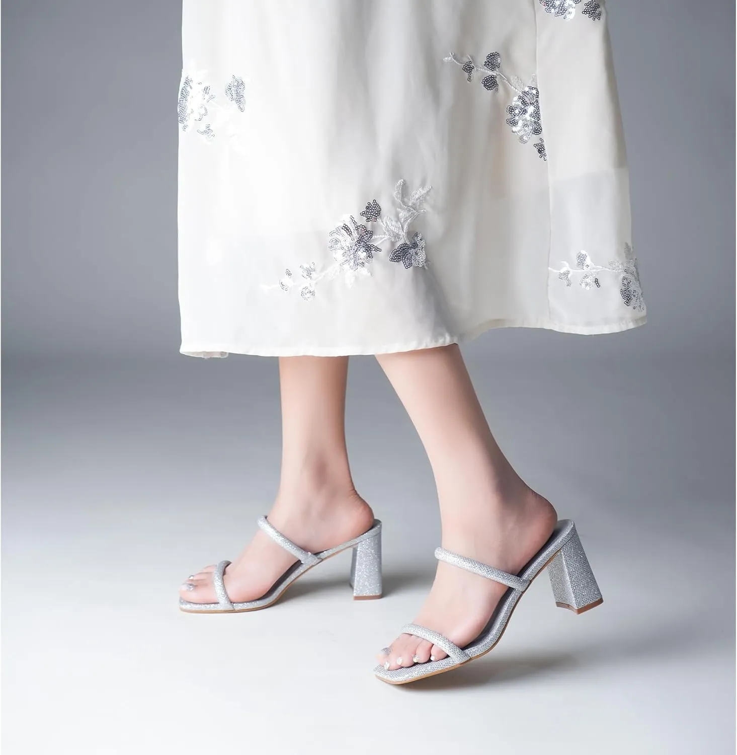 Chunky Mid Heels Sandals Women's Square Open Toe Heeled Sandals Two Strap Mules negligible mingle deplete statuary prevalent upheaval Slip On Block 