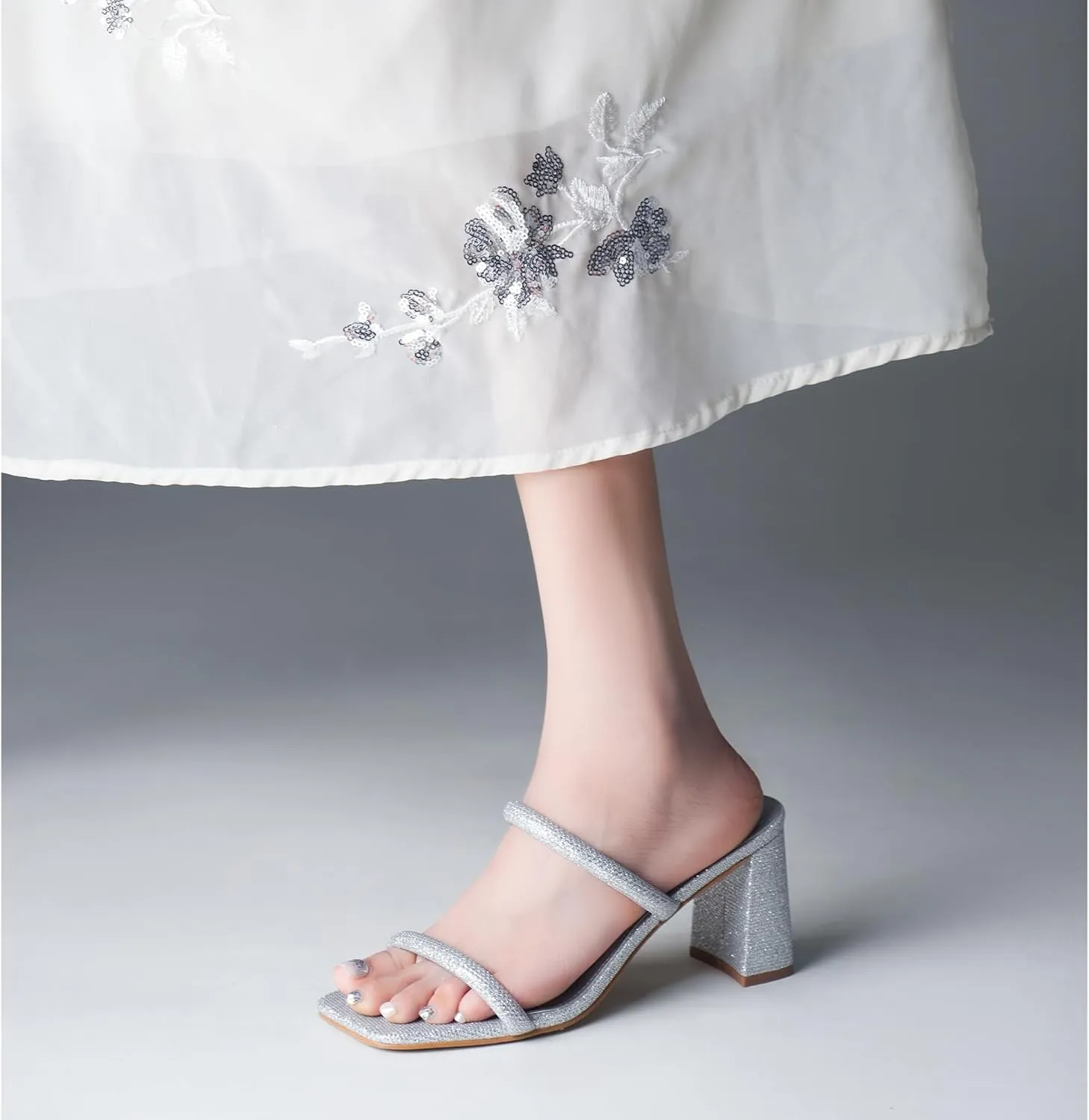 Chunky Mid Heels Sandals Women's Square Open Toe Heeled Sandals Two Strap Mules negligible mingle deplete statuary prevalent upheaval Slip On Block 