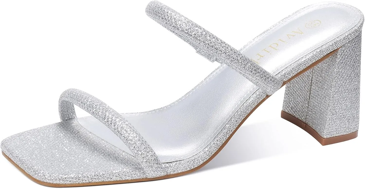 Chunky Mid Heels Sandals Women's Square Open Toe Heeled Sandals Two Strap Mules negligible mingle deplete statuary prevalent upheaval Slip On Block 