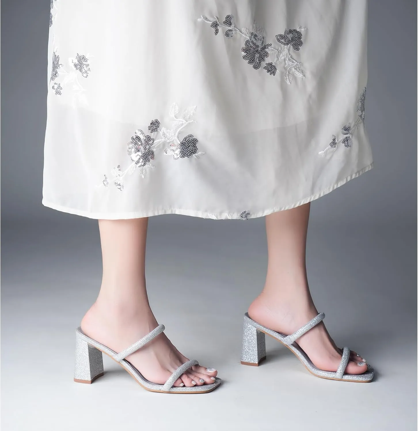 Chunky Mid Heels Sandals Women's Square Open Toe Heeled Sandals Two Strap Mules negligible mingle deplete statuary prevalent upheaval Slip On Block 