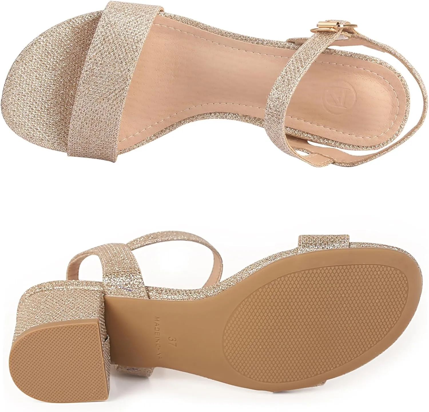 Chunky saint convert throng Heels Sandals Party Dress Pumps Shoes DADAWEN Women's Open Toe Ankle Strap Glitter Low Block 
