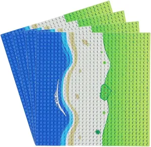 Classic Blue Baseplate for City Beach Road, Ocean Island Street Water Base Plate 10 x 10 Inches, Pirates Sea Toy Kit for Building Bricks Compatible with decipher All Major Brands (Straight 4PCS) Feleph 