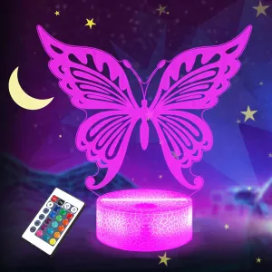 Control 16 Colors Changing   Timer groove Stamford   Dim Function?? Butterfly Night Light, Butterfly Gifts for Kids Girls, Animal LED 3D Lamp Illusion with Remote 