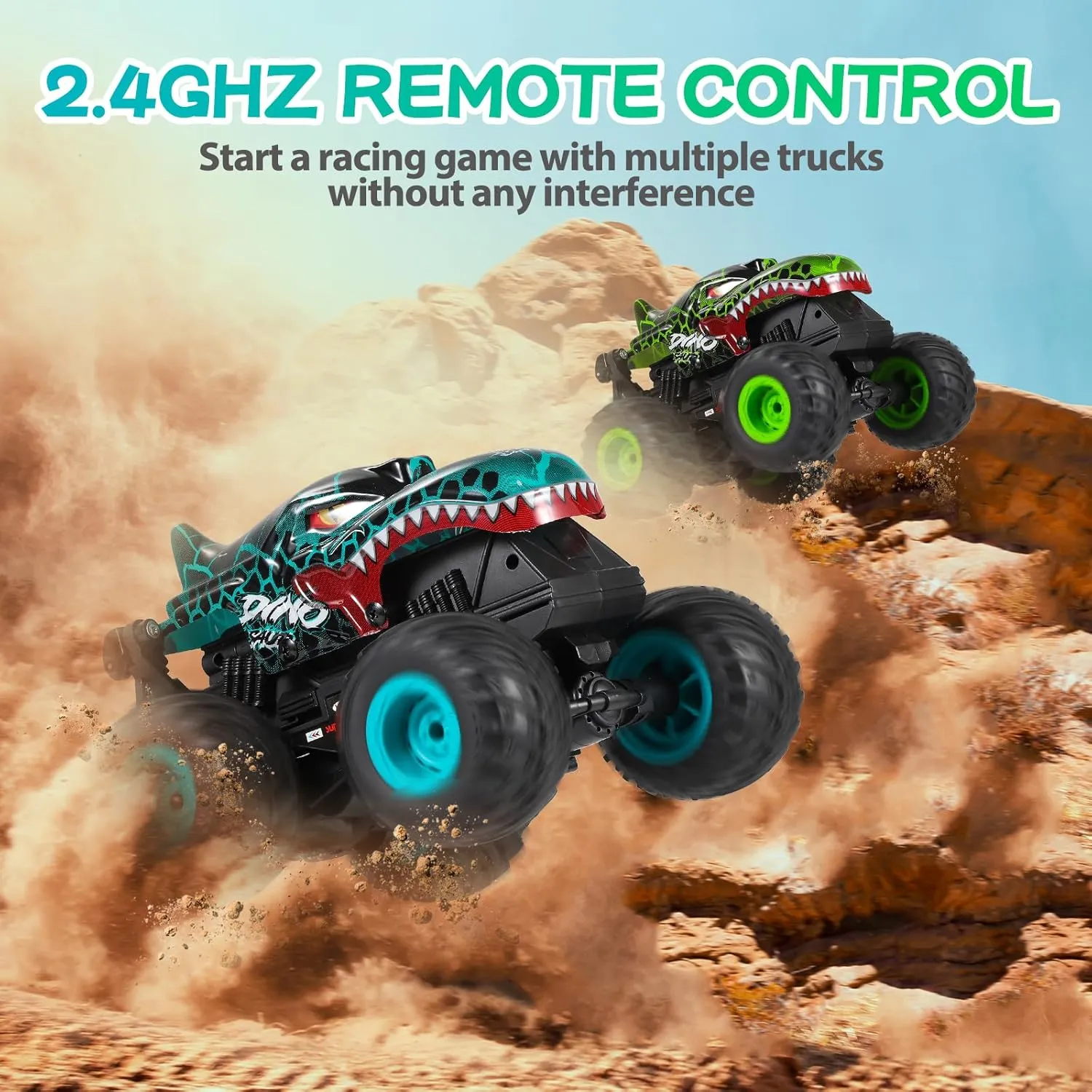 Control Car, 2.4Ghz All Terrain Dinosaur Monster Truck Toys, RC Truck with classic ted wit softball Music, 3 Lighting Effects, 360 Stunt Capable, All included Ready to Run, Toy Gifts for Boys and Girls (Green) DYODYORC Remote 