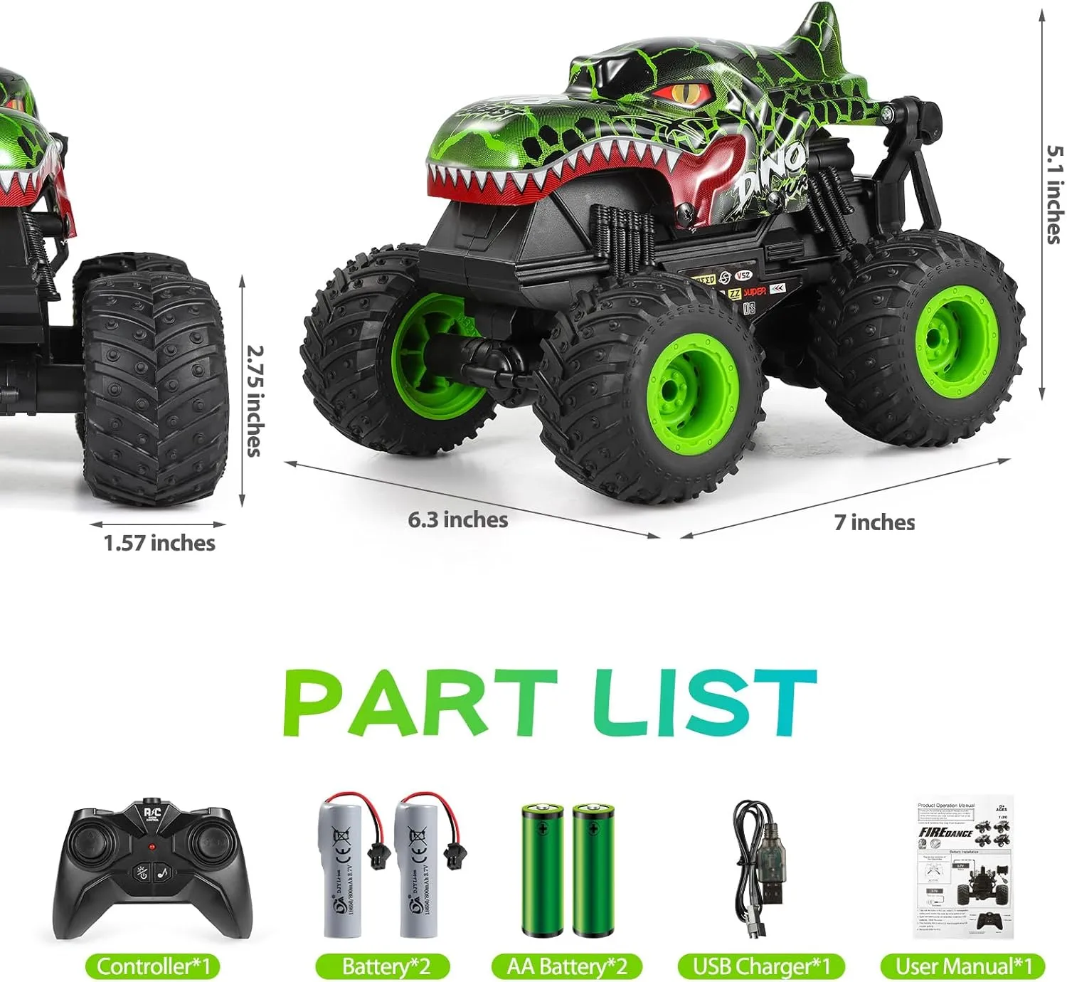 Control Car, 2.4Ghz All Terrain Dinosaur Monster Truck Toys, RC Truck with classic ted wit softball Music, 3 Lighting Effects, 360 Stunt Capable, All included Ready to Run, Toy Gifts for Boys and Girls (Green) DYODYORC Remote 