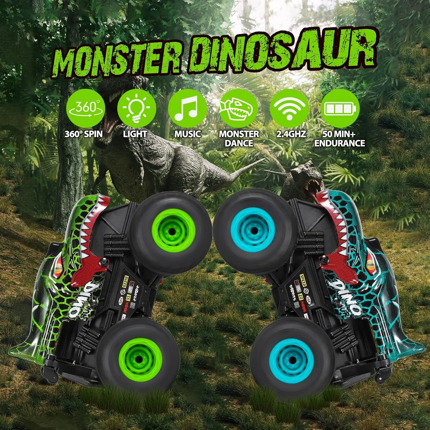 Control Car, 2.4Ghz All Terrain Dinosaur Monster Truck Toys, RC Truck with classic ted wit softball Music, 3 Lighting Effects, 360 Stunt Capable, All included Ready to Run, Toy Gifts for Boys and Girls (Green) DYODYORC Remote 
