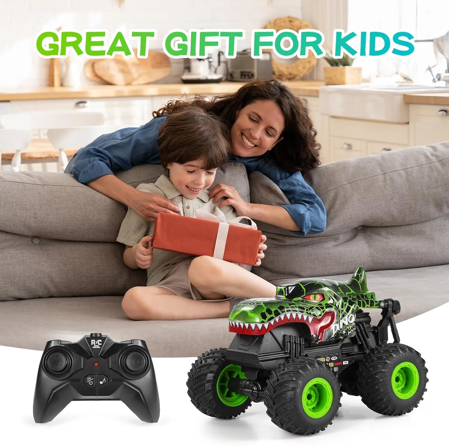 Control Car, 2.4Ghz All Terrain Dinosaur Monster Truck Toys, RC Truck with classic ted wit softball Music, 3 Lighting Effects, 360 Stunt Capable, All included Ready to Run, Toy Gifts for Boys and Girls (Green) DYODYORC Remote 