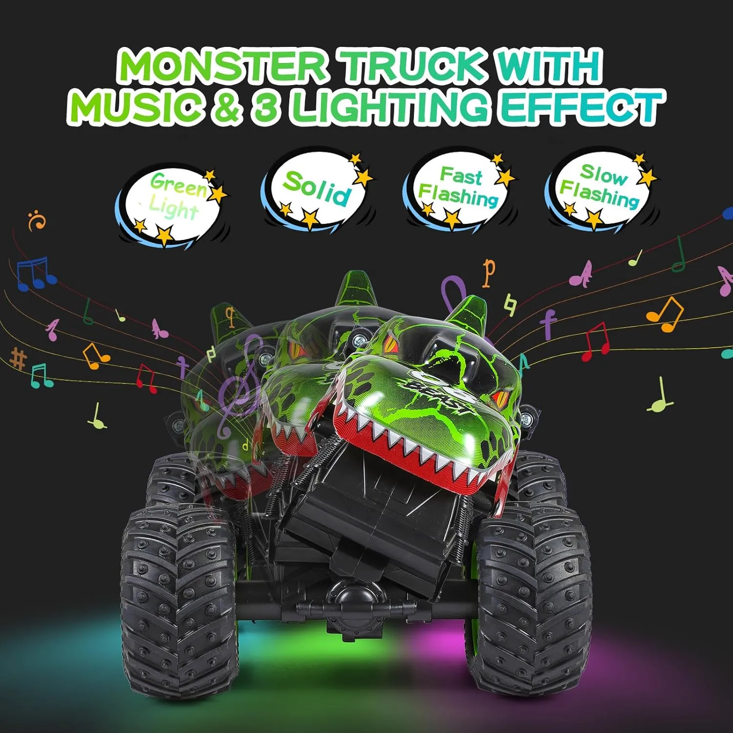 Control Car, 2.4Ghz All Terrain Dinosaur Monster Truck Toys, RC Truck with classic ted wit softball Music, 3 Lighting Effects, 360 Stunt Capable, All included Ready to Run, Toy Gifts for Boys and Girls (Green) DYODYORC Remote 