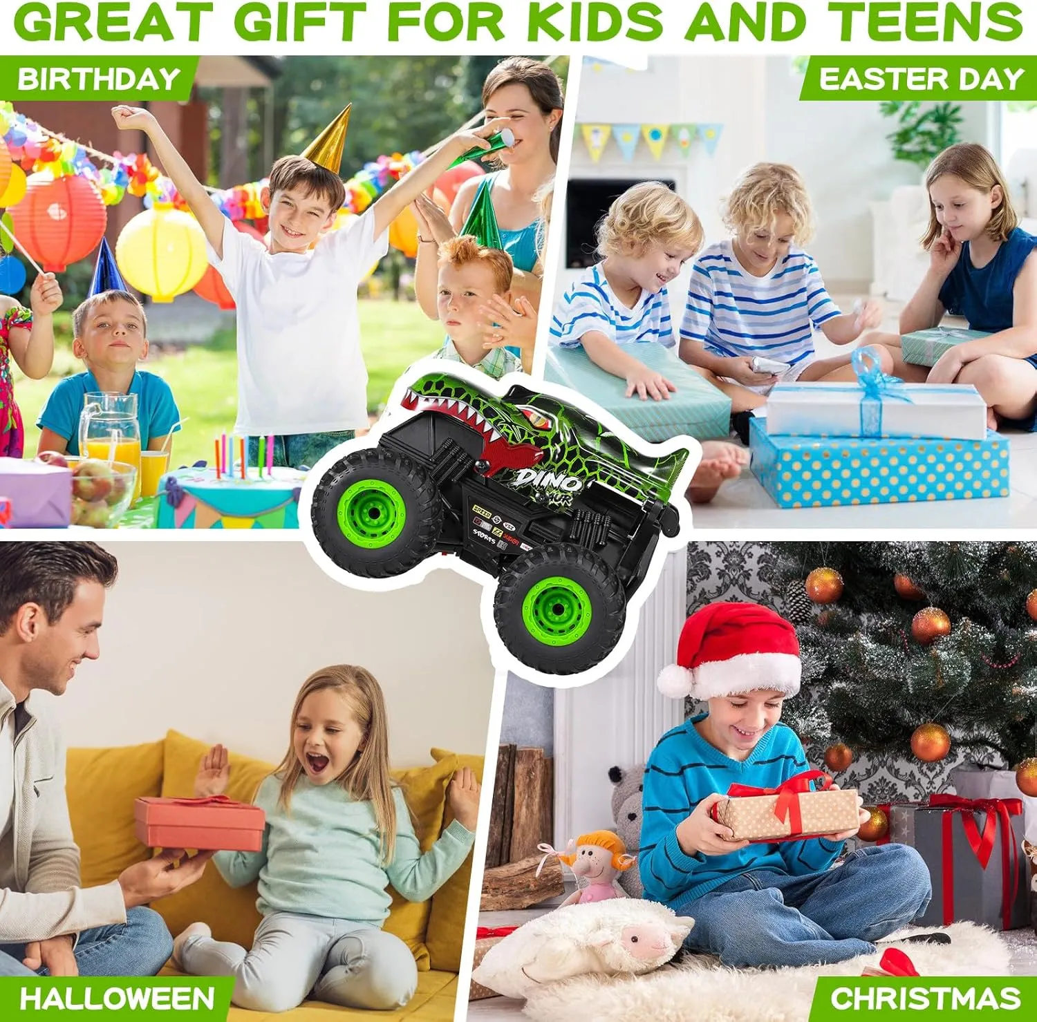 Control Car, 2.4Ghz All Terrain Dinosaur Monster Truck Toys, RC Truck with classic ted wit softball Music, 3 Lighting Effects, 360 Stunt Capable, All included Ready to Run, Toy Gifts for Boys and Girls (Green) DYODYORC Remote 