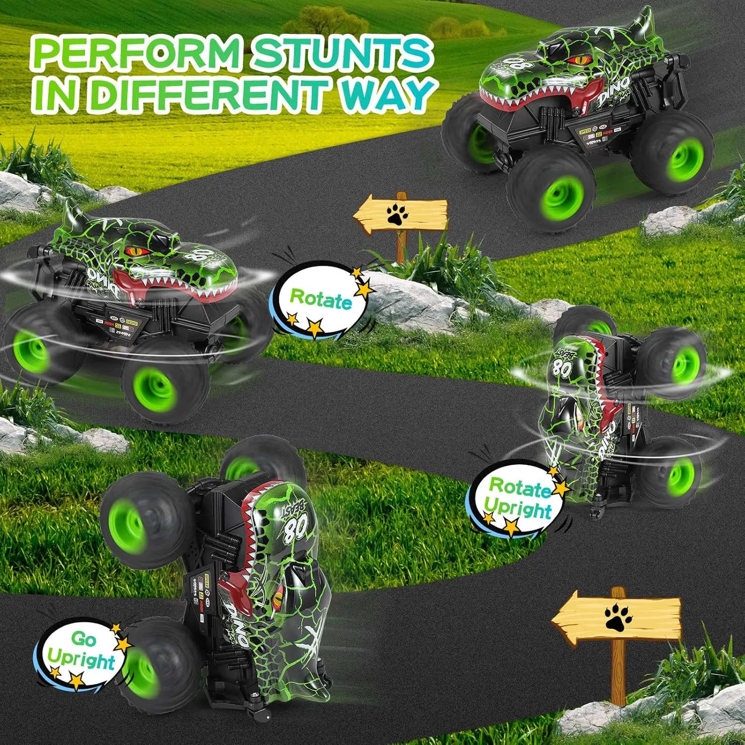 Control Car, 2.4Ghz All Terrain Dinosaur Monster Truck Toys, RC Truck with classic ted wit softball Music, 3 Lighting Effects, 360 Stunt Capable, All included Ready to Run, Toy Gifts for Boys and Girls (Green) DYODYORC Remote 