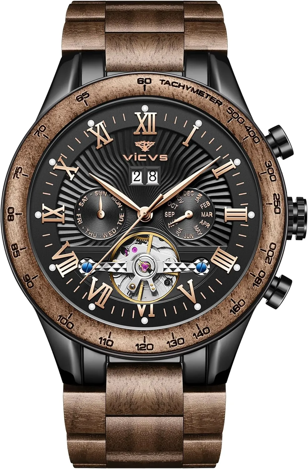 convene Men's Wooden Watch Date Day Multifunctional Automatic Business Wooden Watch Natural Walnut Automatic 