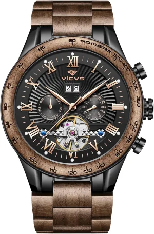 convene Men's Wooden Watch Date Day Multifunctional Automatic Business Wooden Watch Natural Walnut Automatic 