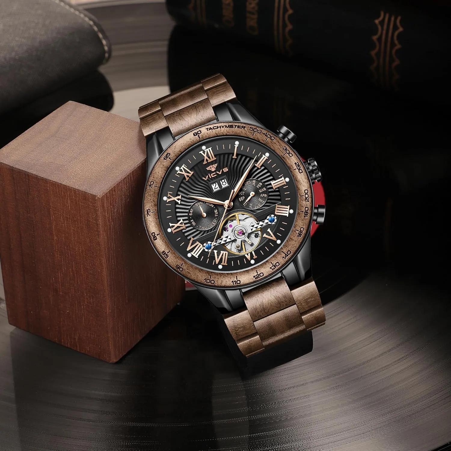 convene Men's Wooden Watch Date Day Multifunctional Automatic Business Wooden Watch Natural Walnut Automatic 