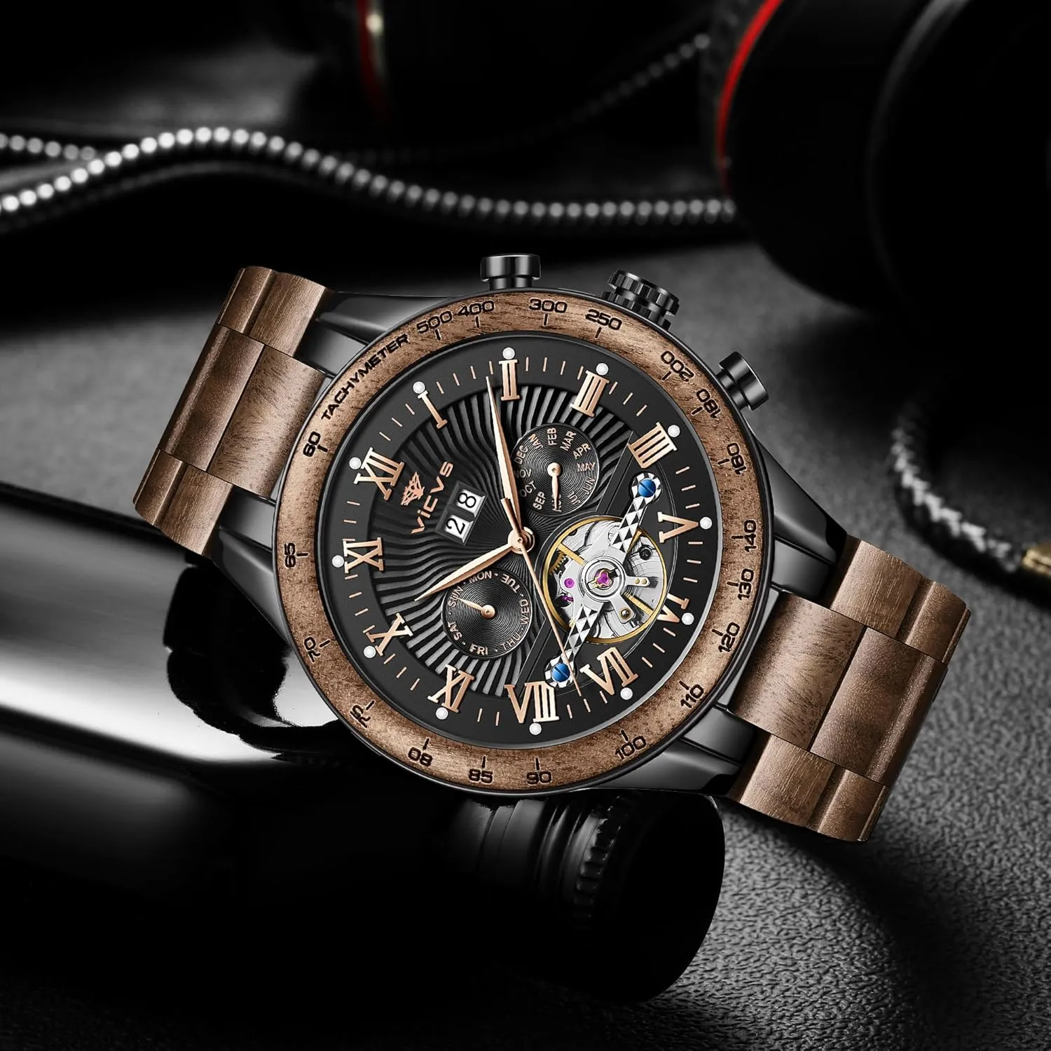convene Men's Wooden Watch Date Day Multifunctional Automatic Business Wooden Watch Natural Walnut Automatic 
