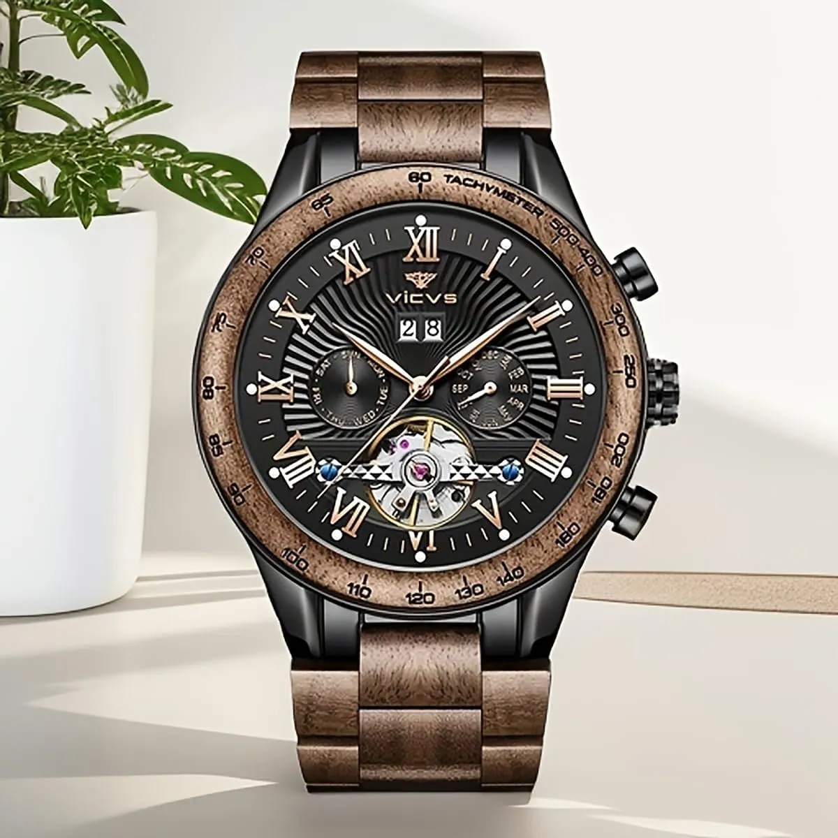 convene Men's Wooden Watch Date Day Multifunctional Automatic Business Wooden Watch Natural Walnut Automatic 