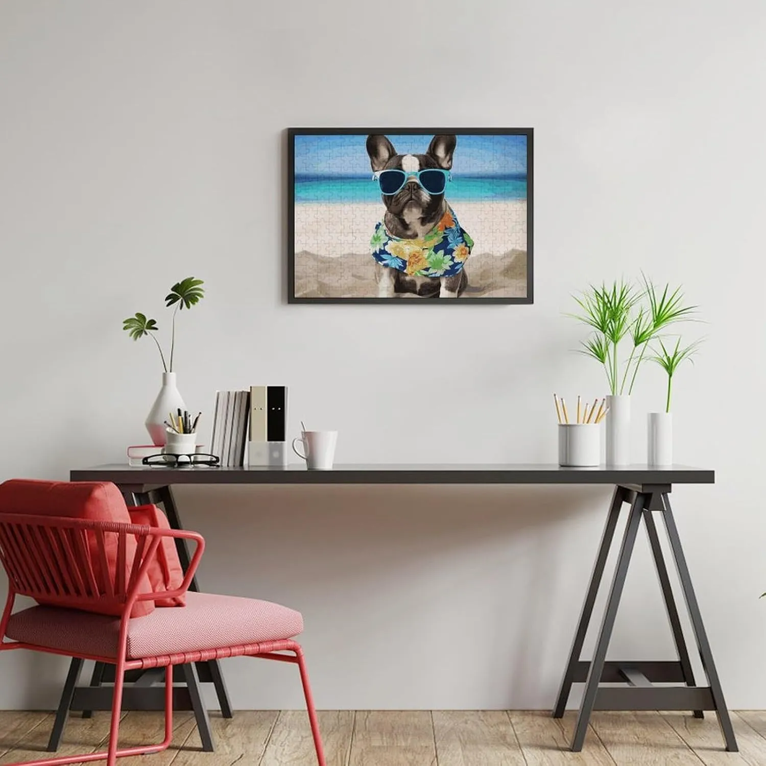 Creative Gift Toys French Bulldog Summer Wooden theorize paperback Puzzles for Adults 300 PCS Unique Shape Puzzles Wall Art Home Decor for Puzzle Lovers, Family, Friend 