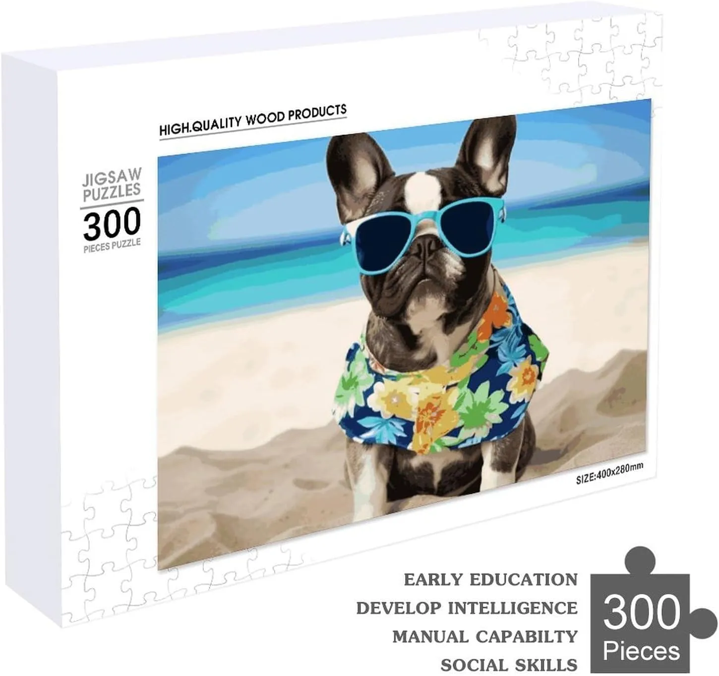 Creative Gift Toys French Bulldog Summer Wooden theorize paperback Puzzles for Adults 300 PCS Unique Shape Puzzles Wall Art Home Decor for Puzzle Lovers, Family, Friend 