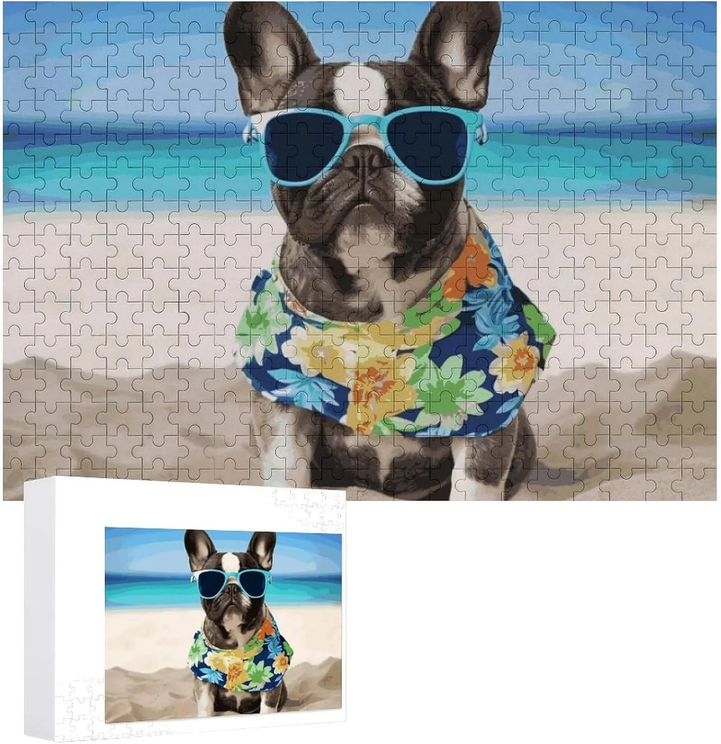 Creative Gift Toys French Bulldog Summer Wooden theorize paperback Puzzles for Adults 300 PCS Unique Shape Puzzles Wall Art Home Decor for Puzzle Lovers, Family, Friend 