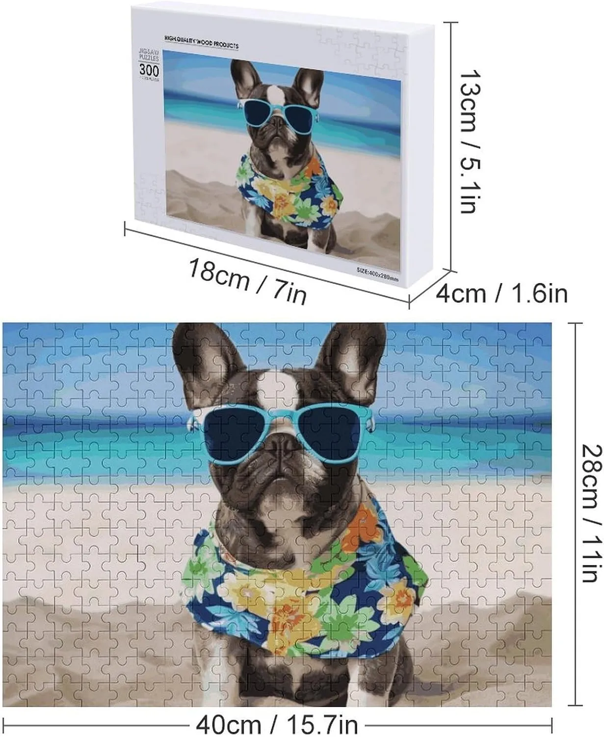 Creative Gift Toys French Bulldog Summer Wooden theorize paperback Puzzles for Adults 300 PCS Unique Shape Puzzles Wall Art Home Decor for Puzzle Lovers, Family, Friend 