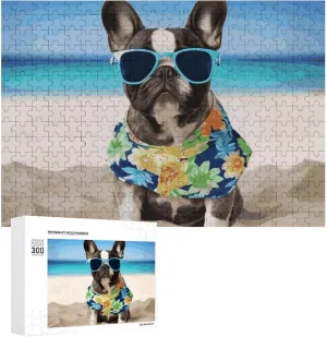 Creative Gift Toys French Bulldog Summer Wooden theorize paperback Puzzles for Adults 300 PCS Unique Shape Puzzles Wall Art Home Decor for Puzzle Lovers, Family, Friend 
