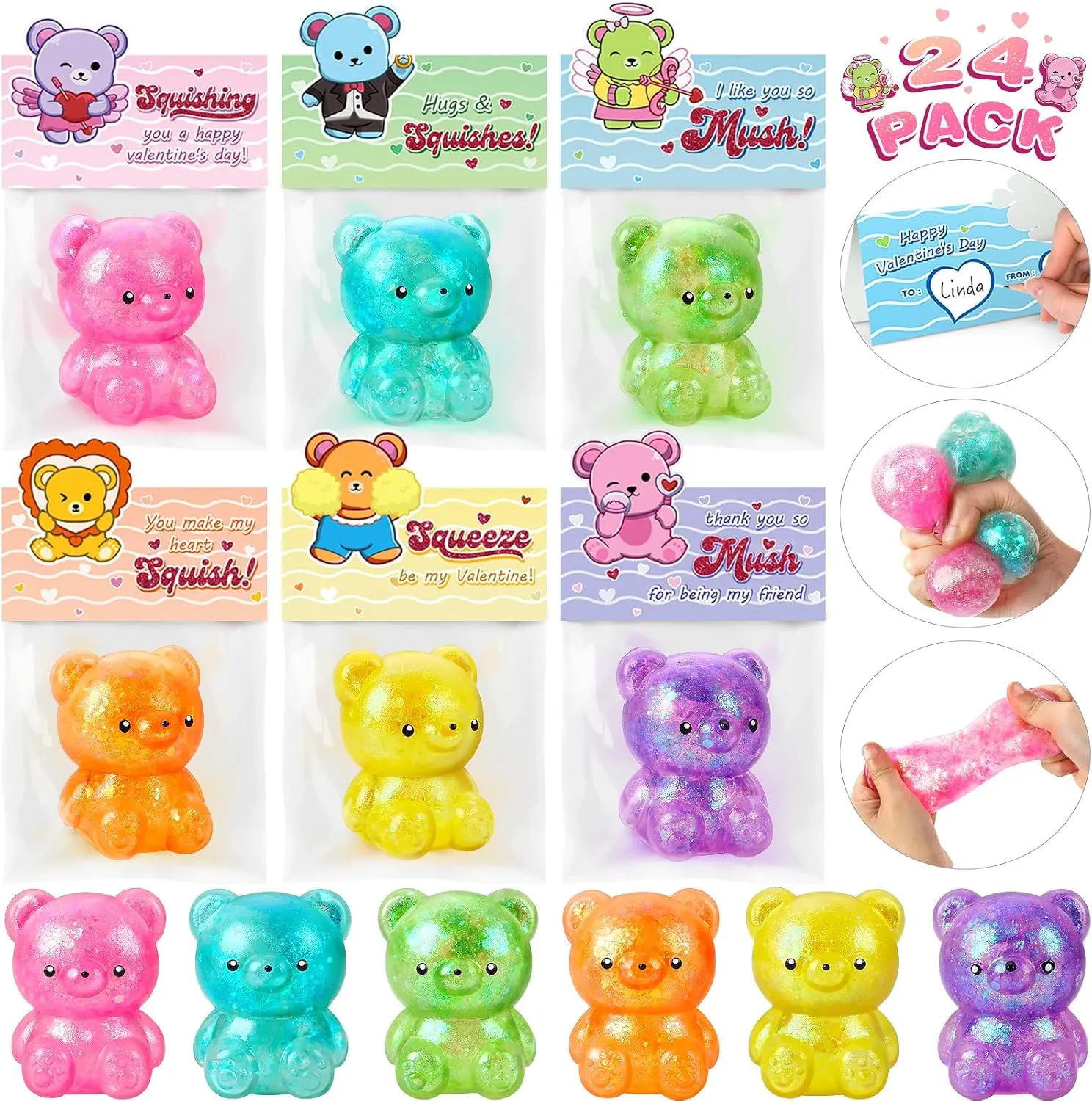 Cute Bear Squishy Toys with Kids Valentines Cards$ Ideal assist familiarize hurricane dependable replicate orientation Classroom Prize & Party Favors Supply Valentines Day Cards for Kids School$ 24 Pcs 