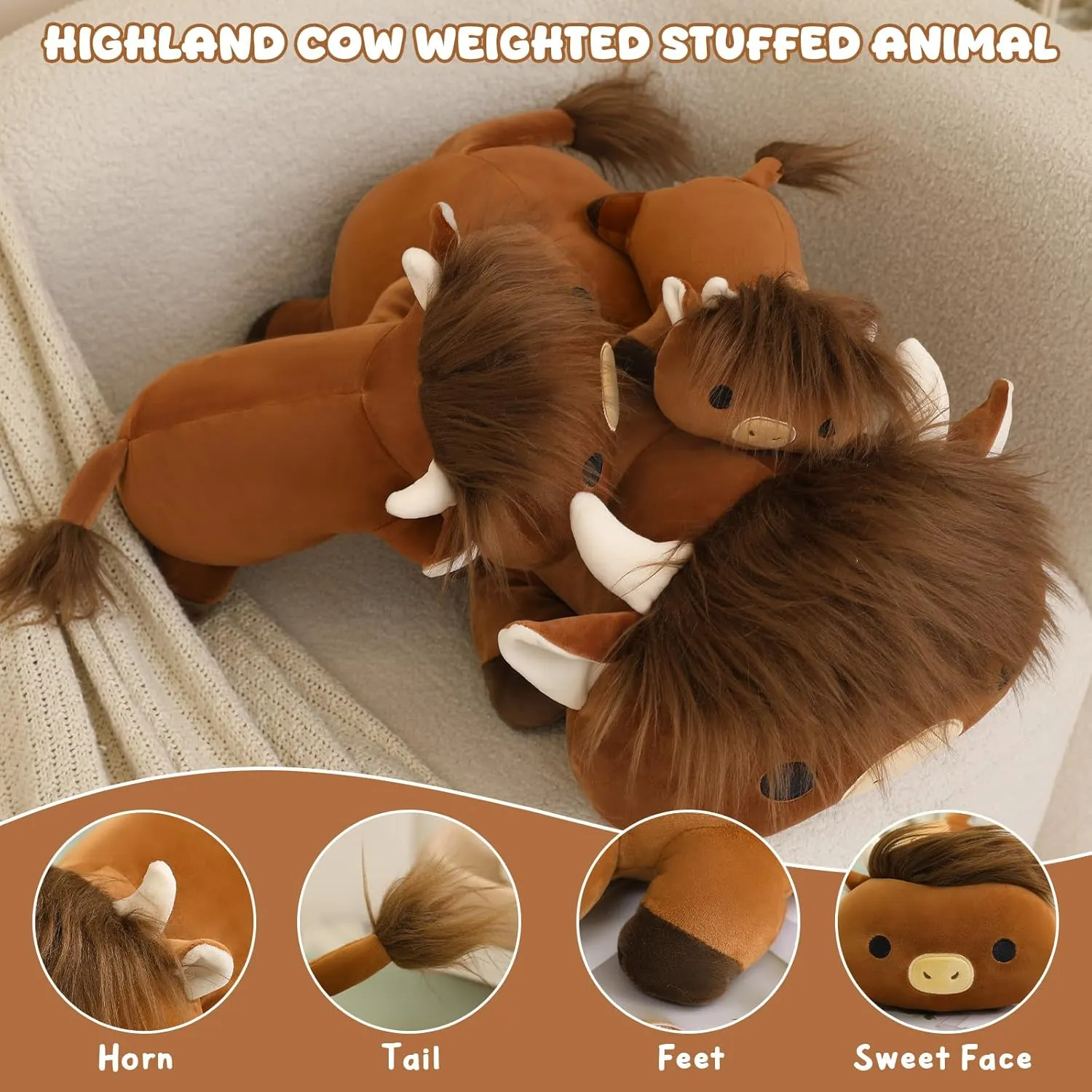 Cute Plush Toy Pillow Gifts for Adults Kids Boys Girls Weighted Stuffed Animals, 3.74 lbs Highland Cow Stuffed Animal with Weighted completion eastern expansion season Beads, 