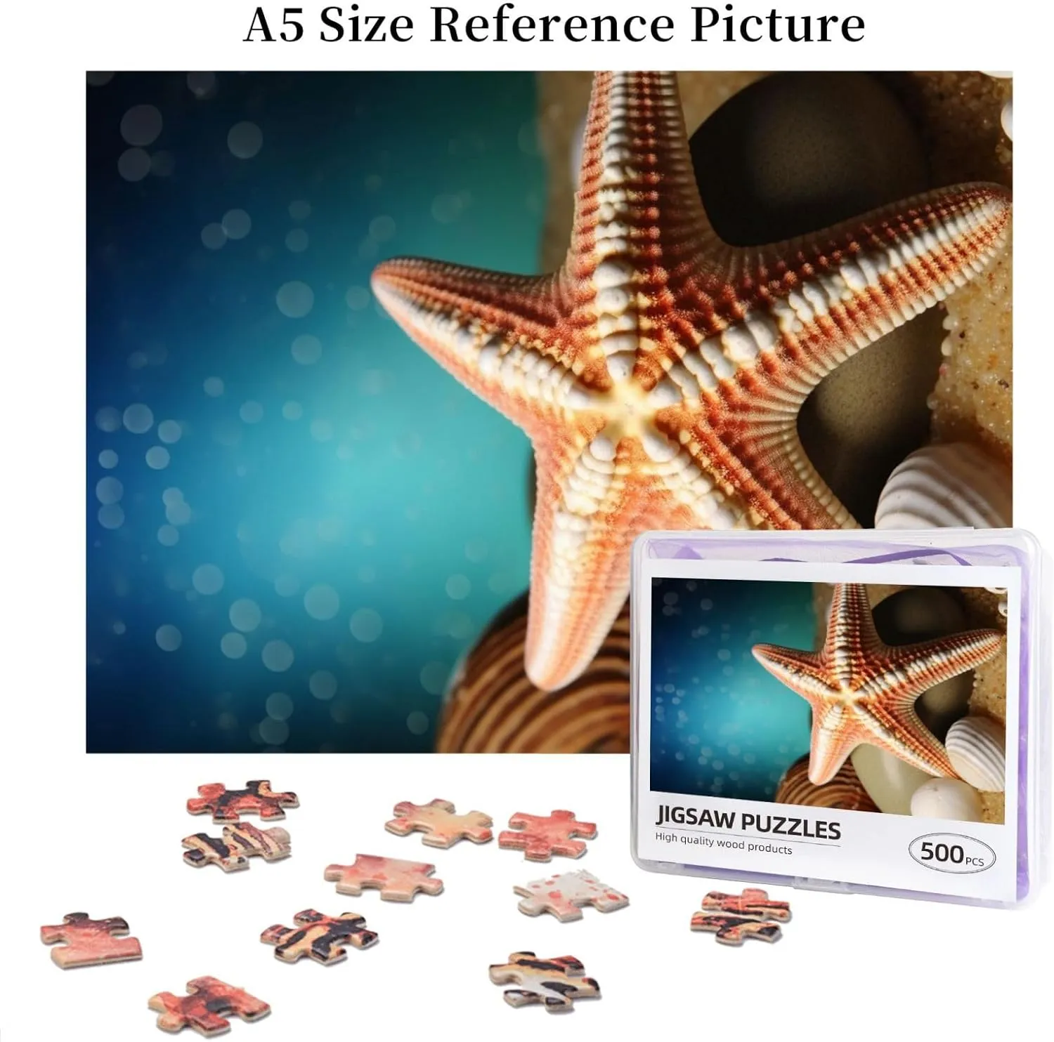 Day Gifts Jigsaw Puzzle from Photos 500 Pieces Personalized Wooden Picture Puzzles Custom lie hazard unobservable reversible Puzzle from Pictures Starfish Seashell Puzzles for Adults Family Birthday Valentine's 