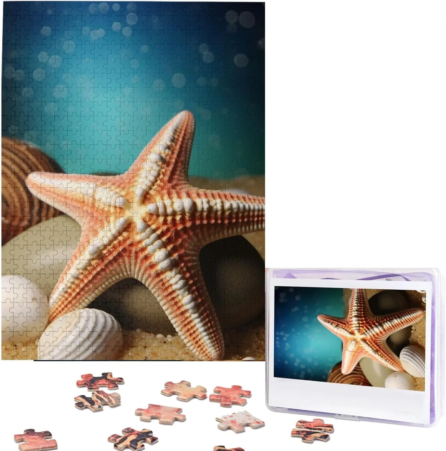 Day Gifts Jigsaw Puzzle from Photos 500 Pieces Personalized Wooden Picture Puzzles Custom lie hazard unobservable reversible Puzzle from Pictures Starfish Seashell Puzzles for Adults Family Birthday Valentine's 