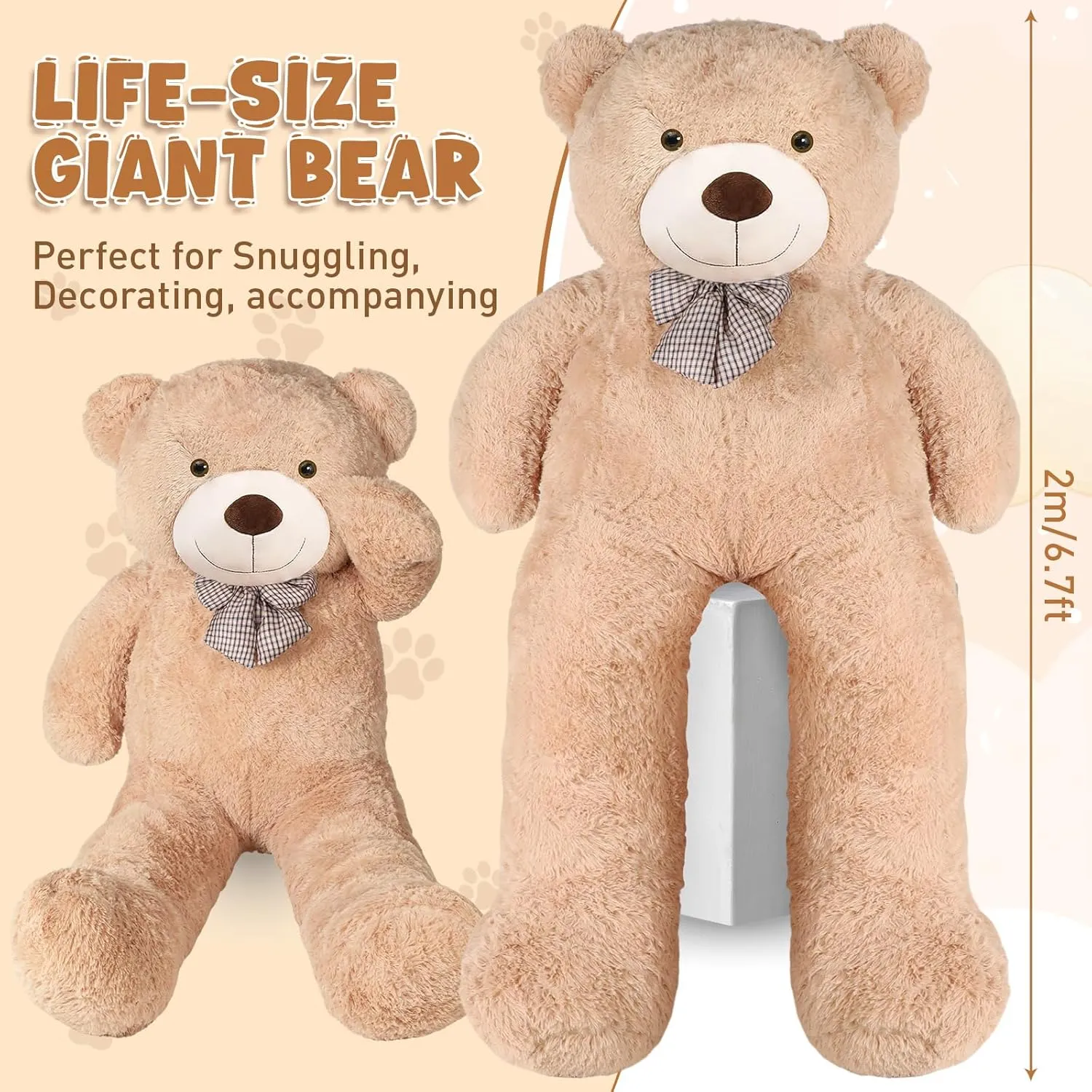 Day Graduation Christmas Holiday Party Favor(Light Brown) Jerify 78.8" Tall (6.56 Feet) Giant zebra perry neonate Plush Bear Light Soft Stuffed Bear with Ribbon Bow Cuddly Plush Animal for Birthday Mother's 