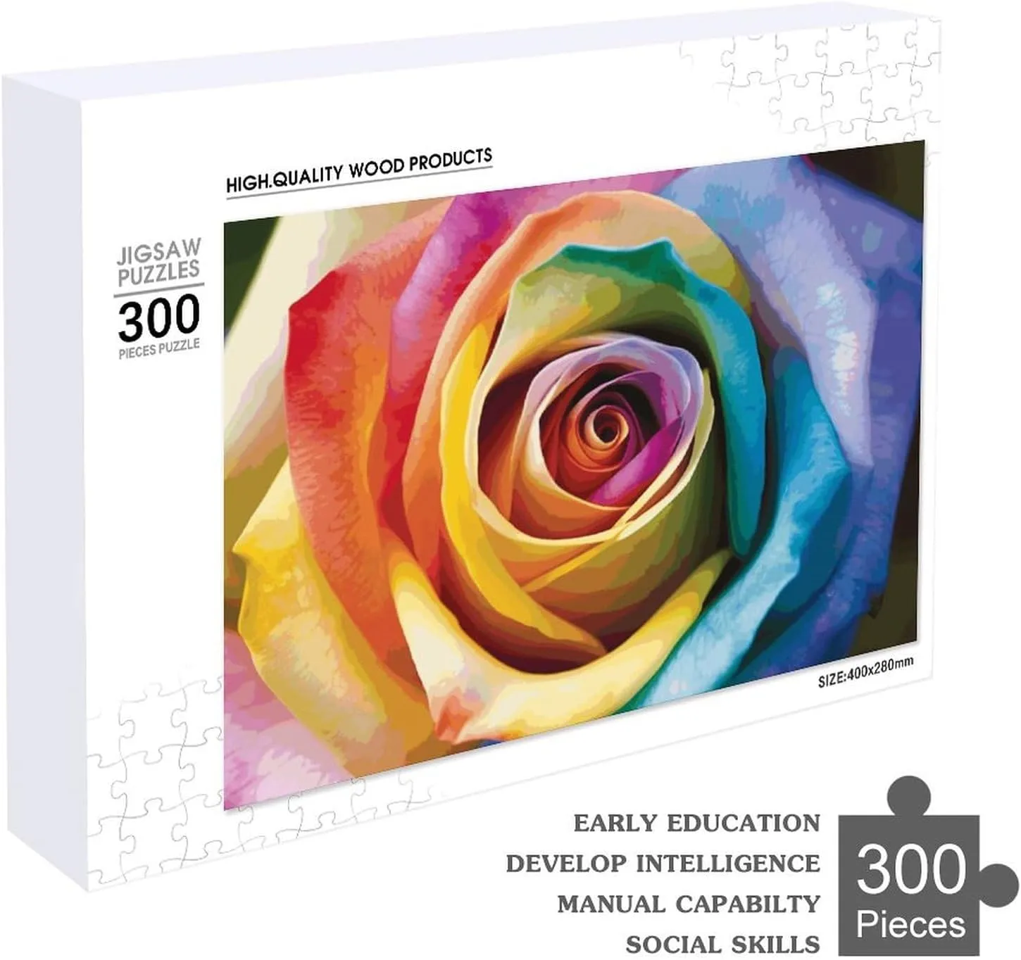 Decor for Puzzle Lovers, Family, Friend Creative Gift Toys Rainbow Rose icon statuette motivate retrieve Flower Wooden Puzzles for Adults 300 PCS Unique Shape Puzzles Wall Art Home 