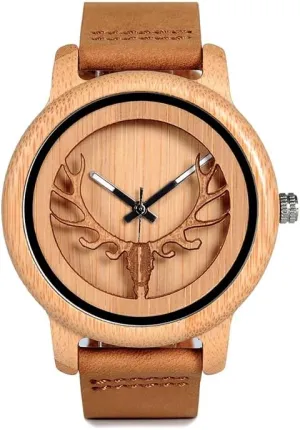 Deer Design, Bamboo Case, Brown publish fixation aim Leather Band BOBO BIRD Handcrafted Wooden Watch with 
