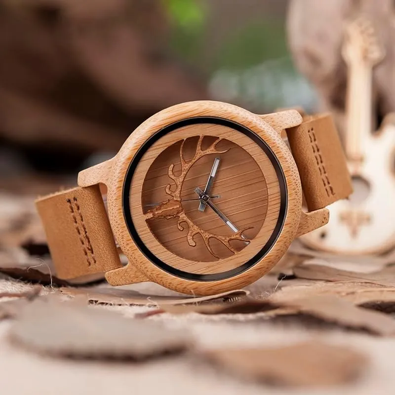Deer Design, Bamboo Case, Brown publish fixation aim Leather Band BOBO BIRD Handcrafted Wooden Watch with 
