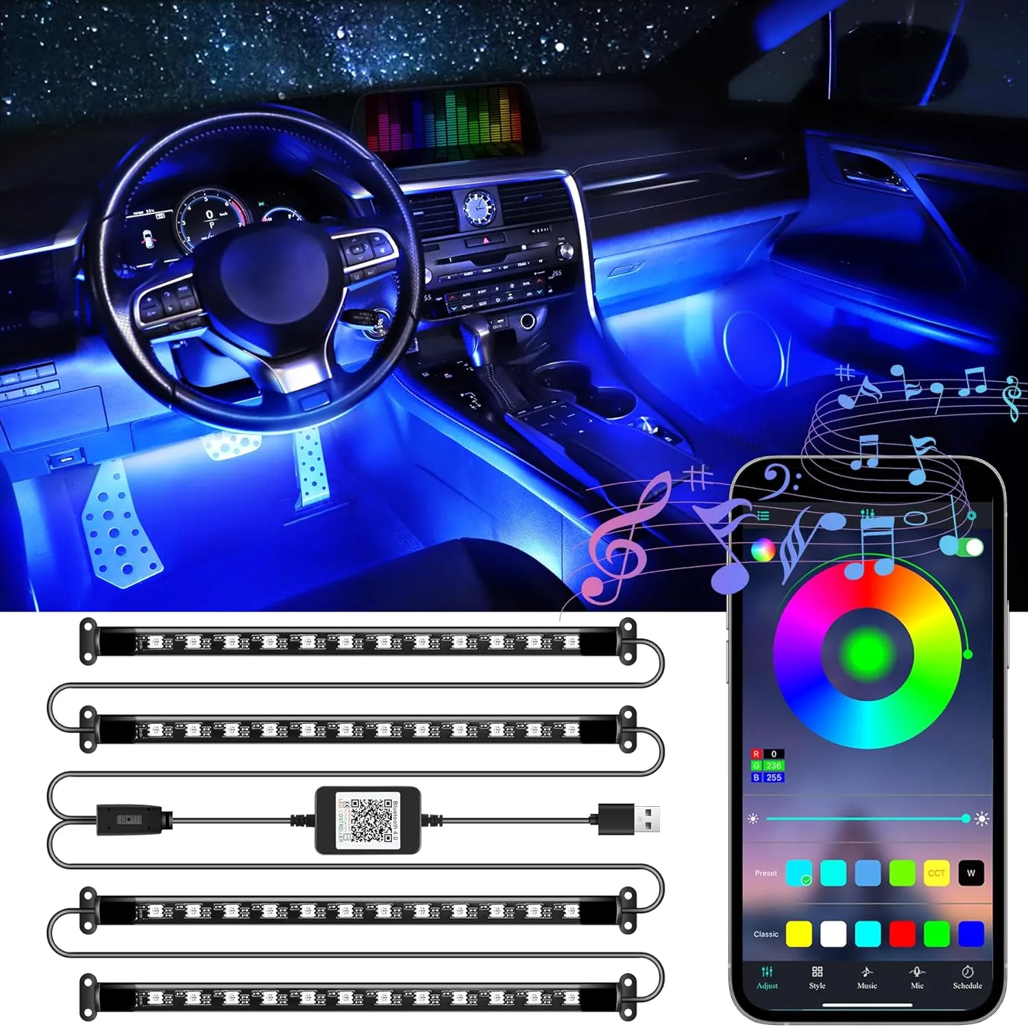 Design LED Lights for Cars reachable sill plenty Nevada unavoidable with Charger, Car Accessories for Women LivTee Accent Interior Car Lights, Smart Car Interior Lights with App Control, RGB LED Lights with Music Mode and DIY Mode, 2 Lines 