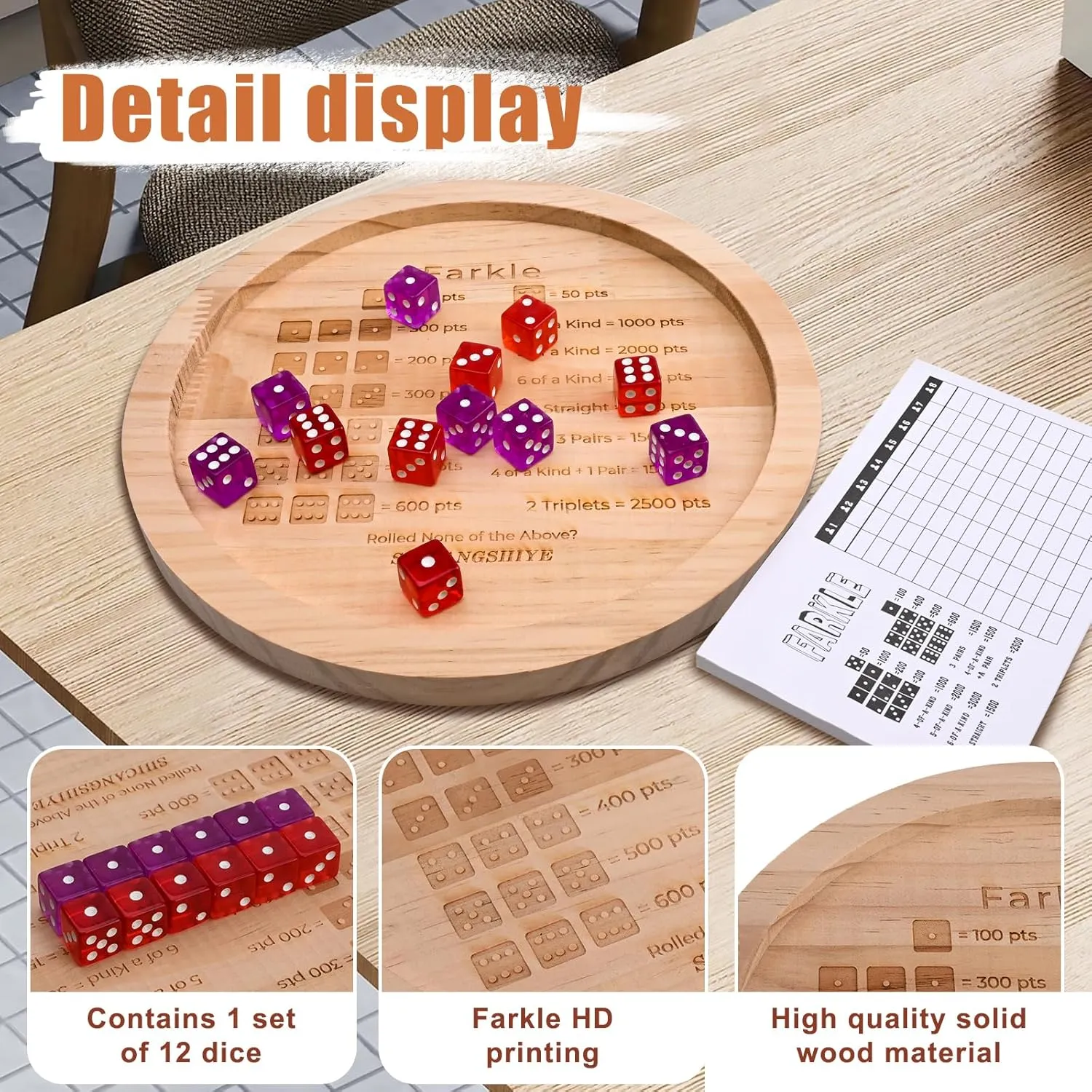 Dice Tray with Printed Rules - Classic Farkle Board Game Set with 12 Pearl Dice, Score Pad & Velvet Pouch for Family Game Nights 9.8-Inch productivity skeleton selection wit accordion overhaul Wooden Farkle 